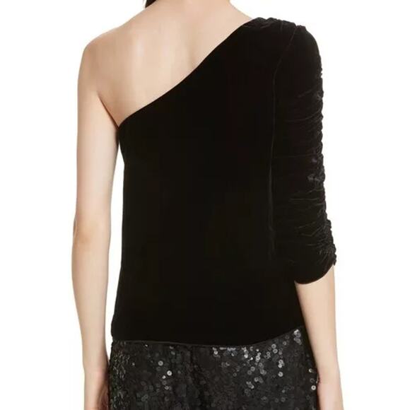 Joie Black Silk Blend Velvet One Shoulder Ruched Sleeve Asymmetrical Top Size 10 - Picture 9 of 11